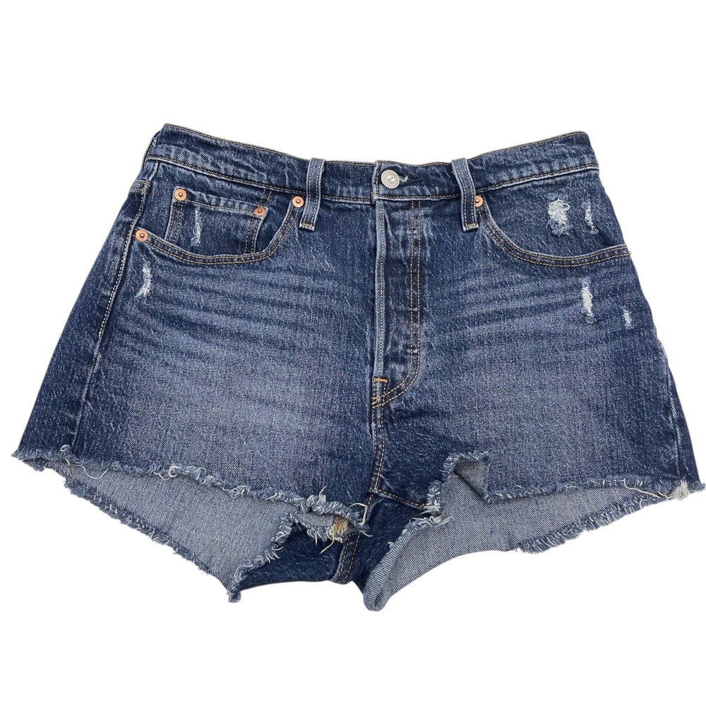 Levis 501 Original High Rise Distressed Denim Shorts Dark Wash Button Fly 26